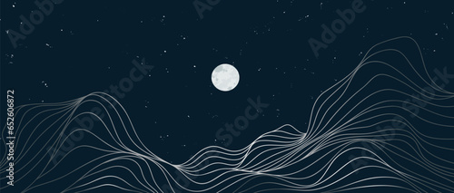 Mountain line art landscape illustration. Creative minimalist modern line art pattern. Abstract contemporary aesthetic backgrounds landscapes. with Mountain, hill and moonlight