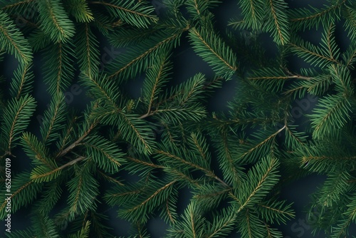 Creative layout made of Christmas tree branches. Flat lay. Nature New Year concept. generative ai.