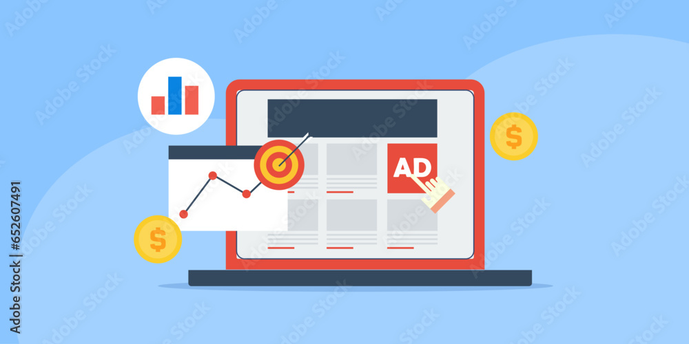 Person hand clicks on display ad website. Increase website traffic and conversion rate, ppc advertising concept, vector illustration. Person hand clicks on display ad website. Increase website traffic and conversion rate, ppc advertising concept, vector illustration.