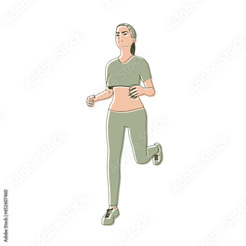 Running woman. Sport girl illustration. Casual sportwear - t-shirt, breeches and sneakers. Young woman wearing workout clothes. Sport fashion girl outline in urban casual style.