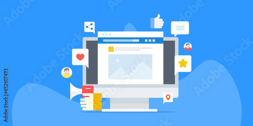 Social networking website on desktop screen with audience reaction like, share and marketing elements with blue background, vector illustration concept.