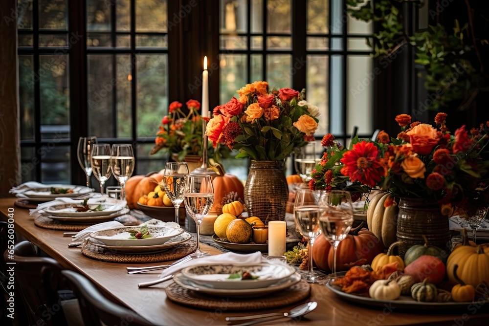 Dinner table decorated for cozy fall holiday gathering Dinner table decorated for cozy fall holiday gathering