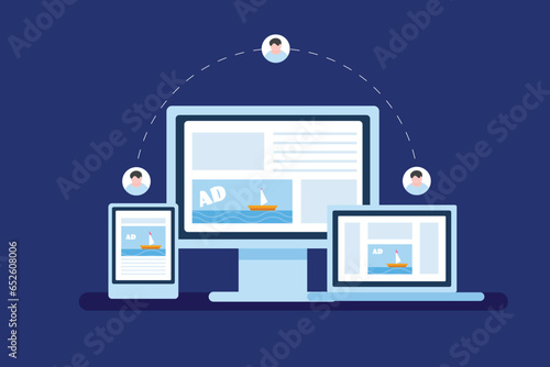 Digital advertising retargeting online audience concept, cross device remarketing campaign, ads display on desktop, laptop, smartphone, vector illustration. photo