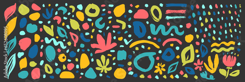 Vector childish brush line set. Abstract messy botanical squiggle daubs. Naive brush strokes background. Hand drawn curved scribbles. Colorful sketch lines. Each element is united and isolated