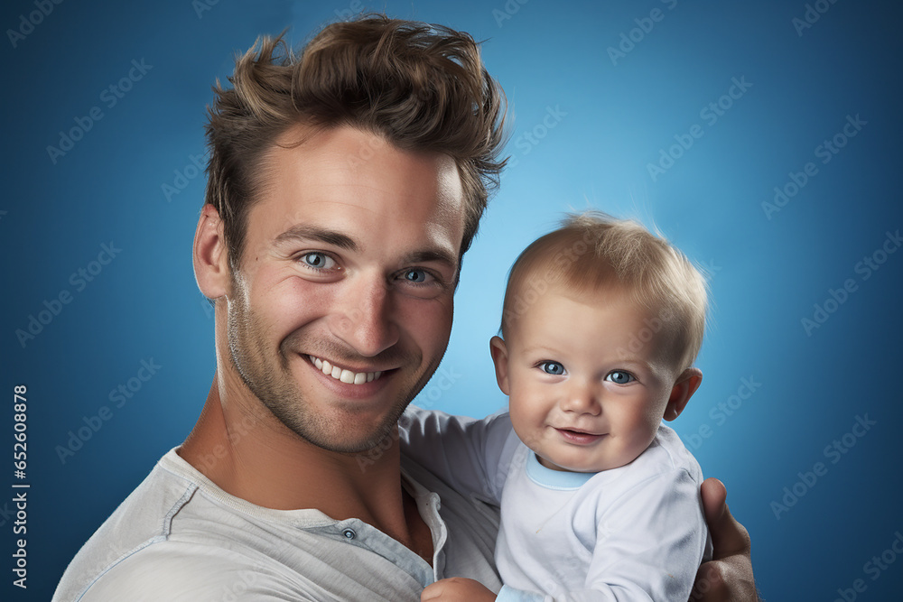 Studio portrait of handsome man holding infant baby in his hands on different colour background