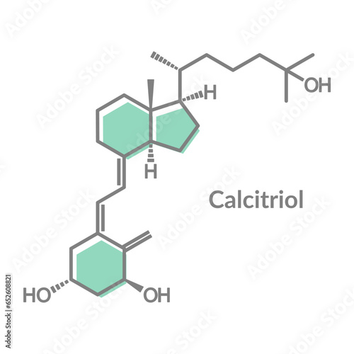 Calcitriol, chemical structure and skeletal formula. The active form of vitamin D, made in the kidney, also a medication for the treatment of low blood calcium.