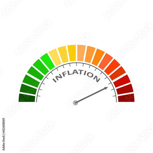 Inflation level on measure scale. Instrument scale with arrow. Inflationary financial crisis. Colorful infographic gauge element.