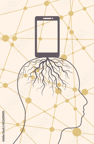 Digital detox concept illustration. Addiction of devices. Smartphone rooted in human head. Connected lines with dots.