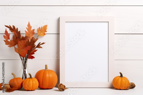Picture frame mockup with autumn fall decorations on tile wall background