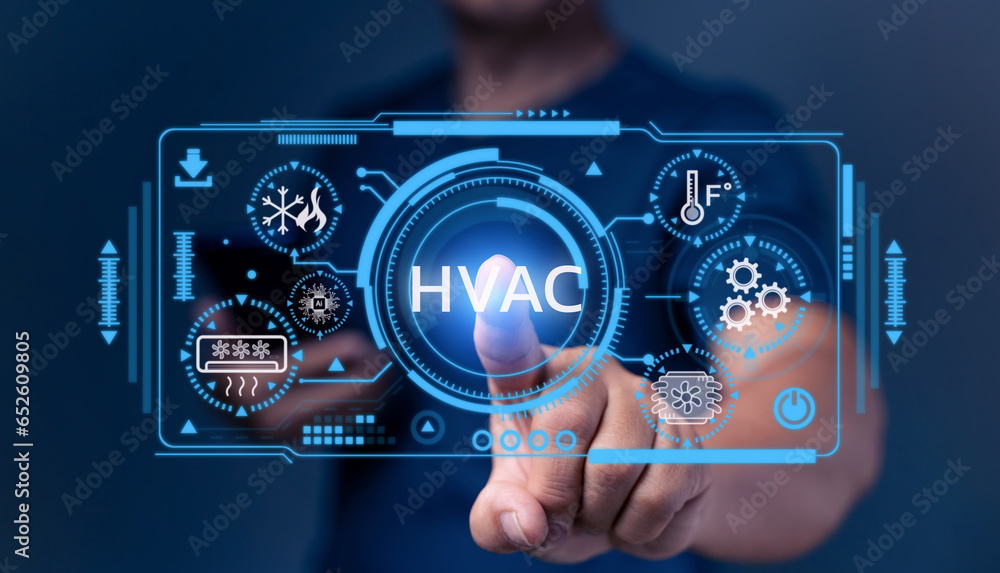 HVAC - Heating Ventilation Air Conditioning Concept. Businessman touching on virtual screen and presses HVAC button. Use of various technologies to control the temperature, humidity, and purity air - obrazy, fototapety, plakaty 