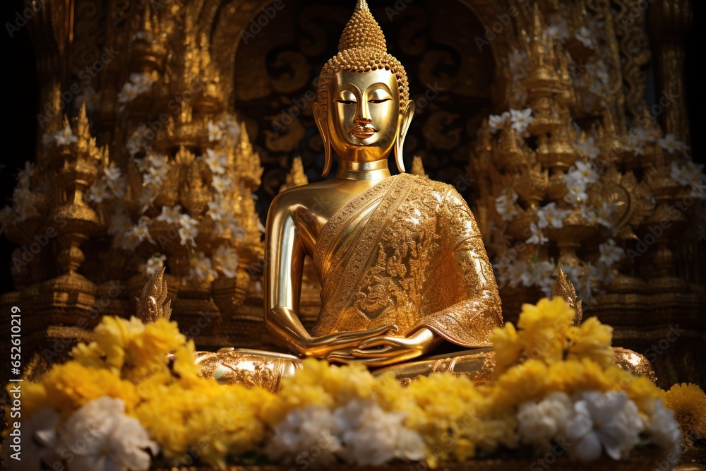 A golden-yellow Buddha statue meditating with flowers as the foreground. Generative AI