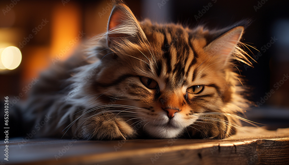Cute kitten with fluffy fur, sitting indoors, looking at camera generated by AI Cute kitten with fluffy fur, sitting indoors, looking at camera generated by AI