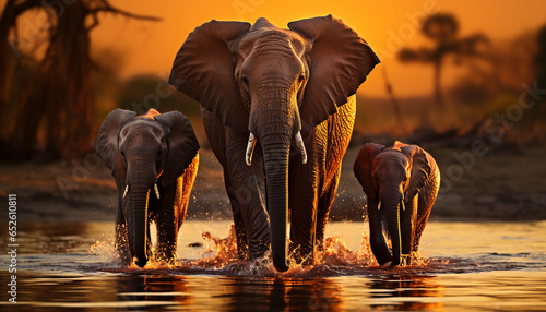 Elephants roam freely in Africa wild, majestic, tranquil savannah generated by AI