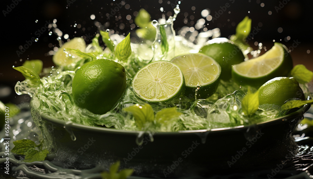 Freshness of lime, lemon slice, wet leaf, healthy eating, green refreshment generated by AI Freshness of lime, lemon slice, wet leaf, healthy eating, green refreshment generated by AI