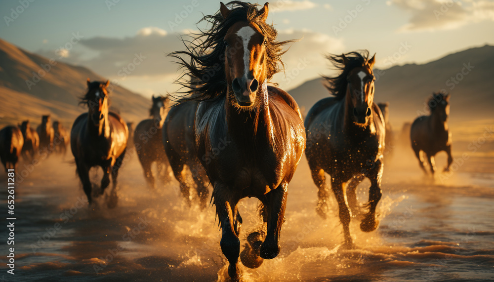 Running stallion in the sunset, a majestic beauty in nature generated by AI