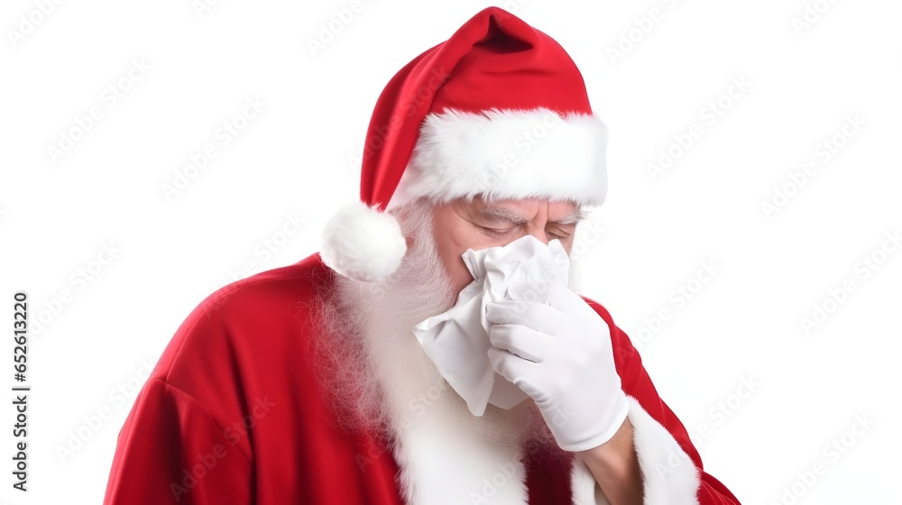 Santa Claus has caught a cold. sneezing into tissue. 