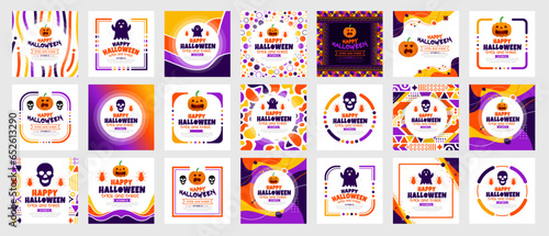 set of big mega bundle 31 October happy Halloween social media post banner design template with pumpkins and boo. use to social media post banner, background, banner, party invitation card, poster.