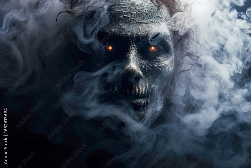 Halloween background. The face of a scary man in the smoke Halloween background. The face of a scary man in the smoke