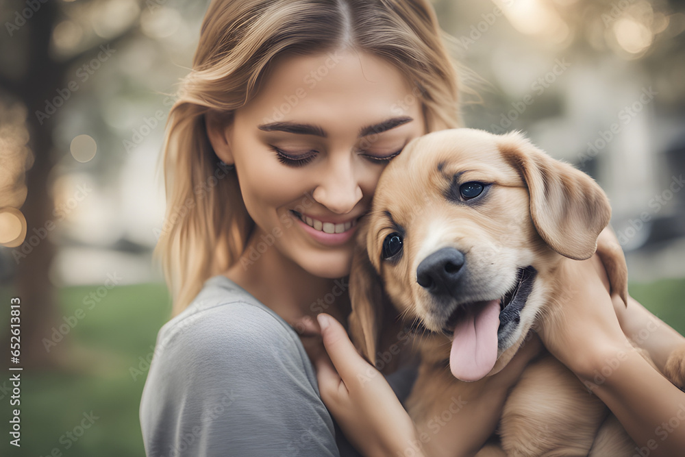 A happy photo of a cute puppy being affectionate towards its pretty female owner. A happy photo of a cute puppy being affectionate towards its pretty female owner.