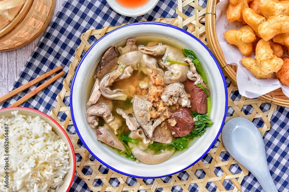 Thai Style breakfast Clear Soup with Congealed pork blood with steamed