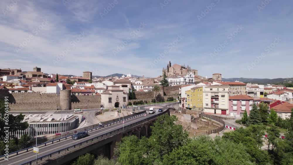 Drone flyover viaduct towards Plasencia townscape, Spain Drone flyover viaduct towards Plasencia townscape, Spain