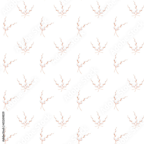 seamless watercolor pattern of willow branch. Easter elegant pattern for printing on textiles  tablecloths  bedspreads  napkins. Happy Easter festive pattern.