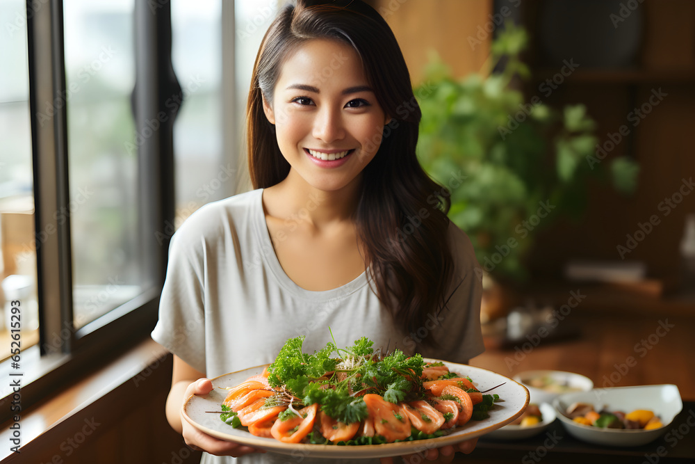 Woman hold salad bowl and look at camera. Nutritional food for heart health wellness by cholesterol diet and healthy nutrition eating with clean fruits and vegetables in dish. Generative Ai