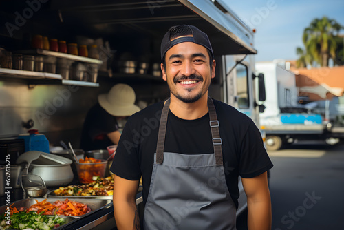 Cheerful chef standing in front of a food truck and looking at the camera. Commercial truck selling street food in a modern place. Illustration, generative Ai