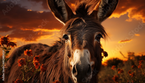 Donkey grazes peacefully in meadow  bathed in golden sunset generated by AI