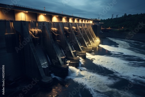 Electricity generating dam at night time, Generate with Ai