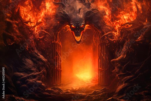 Door to hell with fire and smoke.