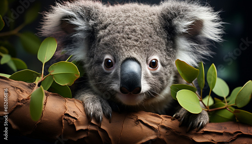 Cute koala  small marsupial  looking at camera  sitting on branch generated by AI