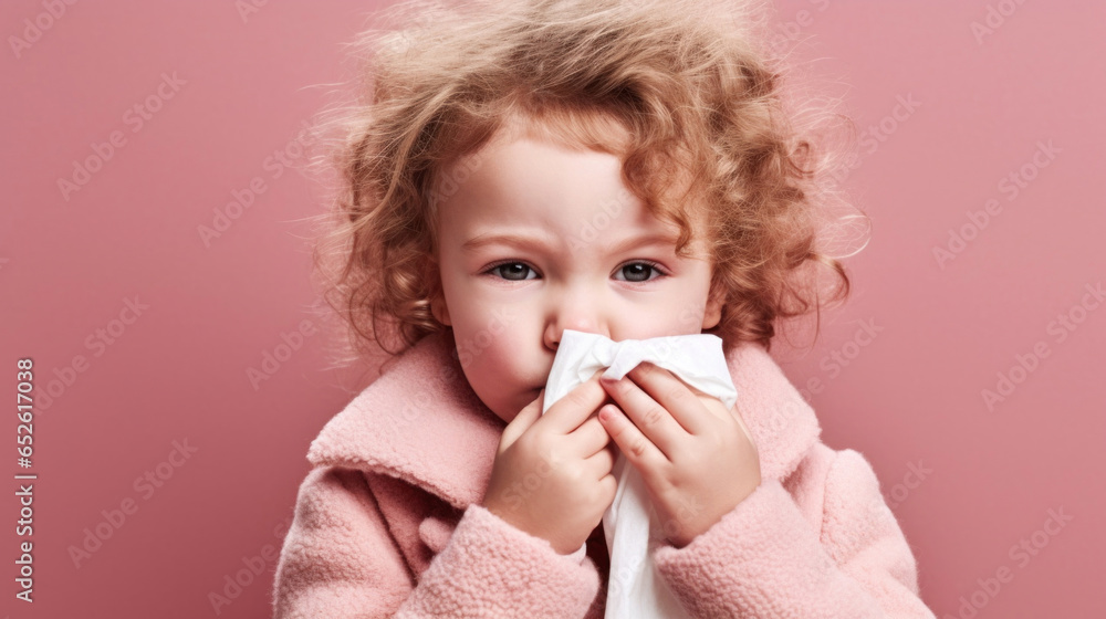A child wiping her runny nose in a portrait.