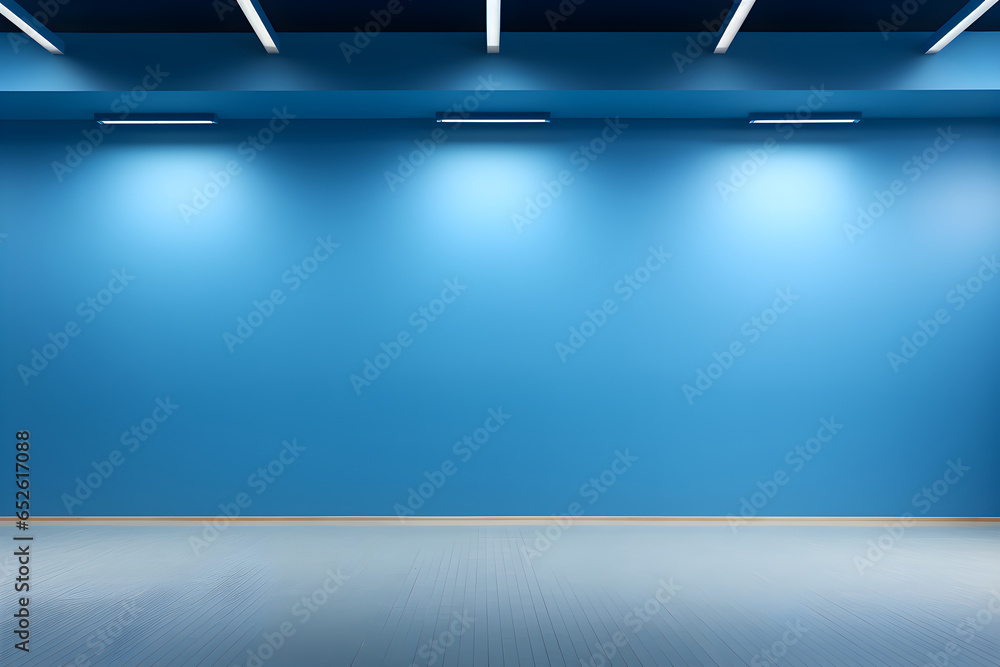 Fototapeta premium Modern empty room with blue color wall and wooden floor. Generative Ai.