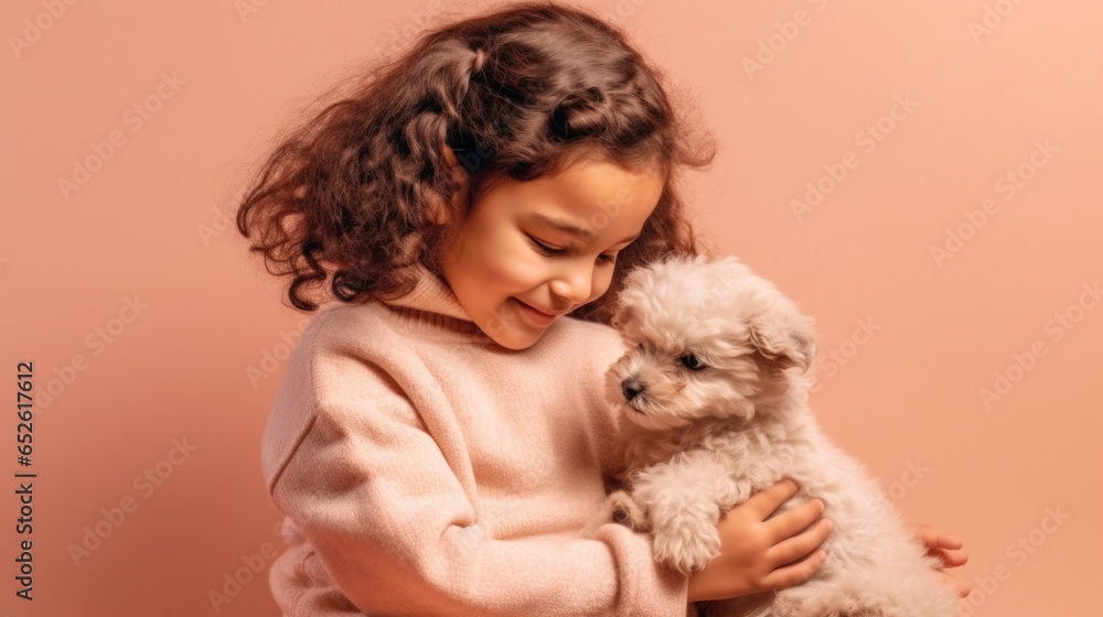 A cheerful child posing with her dog in a studio portrait.