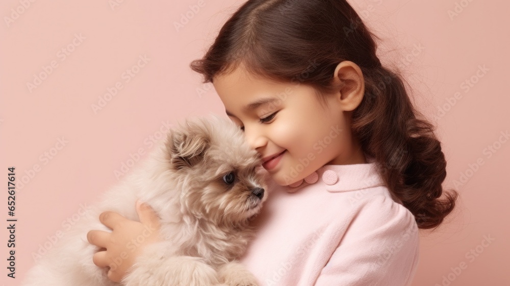 A diverse girl and her smiling dog in a pink studio scene. A diverse girl and her smiling dog in a pink studio scene.