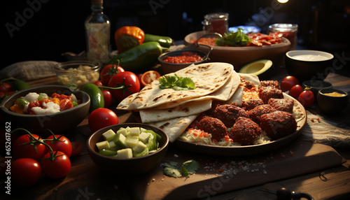 Freshness on a wooden table tomato, meat, guacamole, vegetable, bread, spice generated by AI