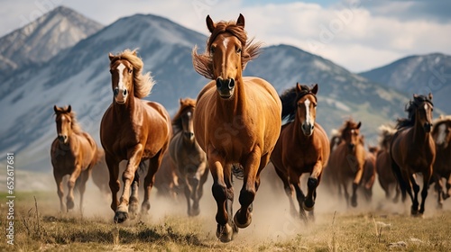 A herd of wild horses is running. Side view, a wild horse is running powerfully in front of the herd, the leader looks back at his subordinate. Natural background and mountains © Phoophinyo