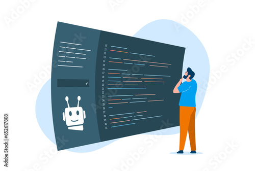 AI-Powered Code Generation Review Concept. Ensuring Accurate and Efficient Programming. A human programmer studies code written by AI. Vector illustration isolated on white background with icons