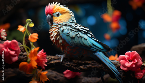 Vibrant macaw perching on branch, showcasing beauty in nature generated by AI