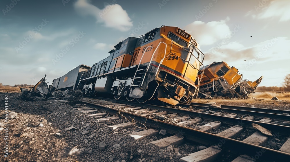 A Diesel train derailment accident at railway - obrazy, fototapety, plakaty 