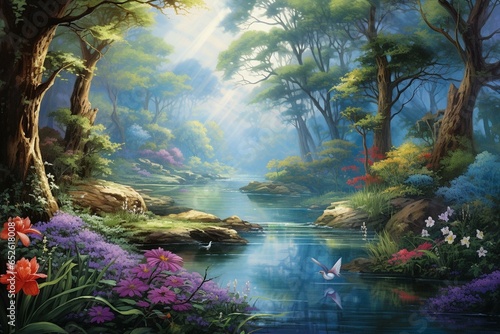 Scenic wallpaper featuring a forest landscape, lake, plants, trees, birds, swans, butterflies, and insects. Generative AI