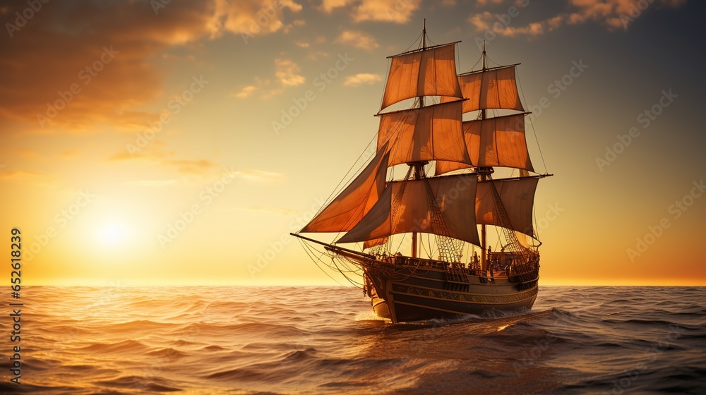 A Side view of an ancient junk ship, side view of a golden ancient junk ship sailing in the ocean, a big elegant ancient junk ship dancing in the middle of the sea