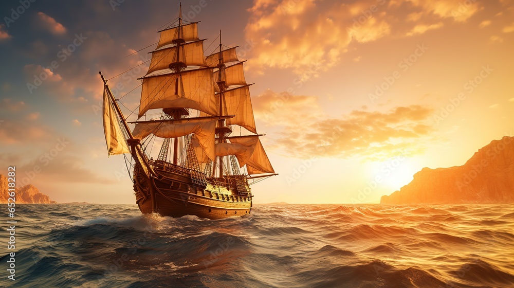 A Side view of an ancient junk ship, side view of a golden ancient junk ship sailing in the ocean, a big elegant ancient junk ship dancing in the middle of the sea