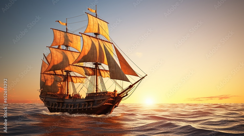 Obraz premium A Side view of an ancient junk ship, side view of a golden ancient junk ship sailing in the ocean, a big elegant ancient junk ship dancing in the middle of the sea