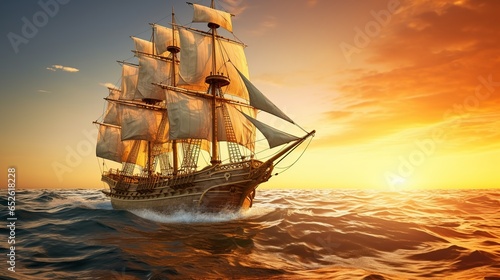 A Side view of an ancient junk ship, side view of a golden ancient junk ship sailing in the ocean, a big elegant ancient junk ship dancing in the middle of the sea photo