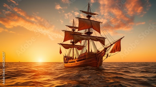 A Side view of an ancient junk ship, side view of a golden ancient junk ship sailing in the ocean, a big elegant ancient junk ship dancing in the middle of the sea © Phoophinyo