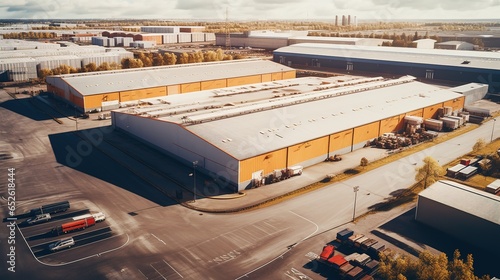 Aerial view of industrial structure, large factory with lots of space and parking lot with large cargo vehicles