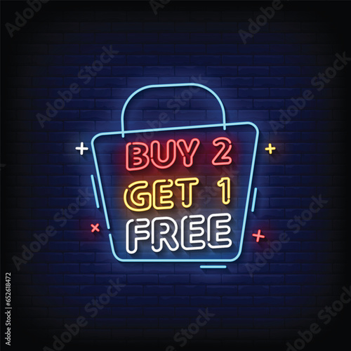 Neon Sign buy 2 get 1 free with brick wall background vector