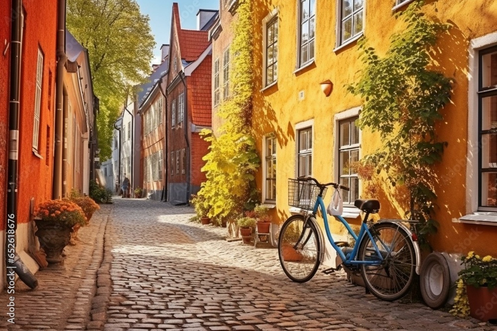 Historical alley with traditional Swedish houses in Malmö Old Town. Cobblestone pathway adorned with bicycles represents Nordic architecture. Generative AI